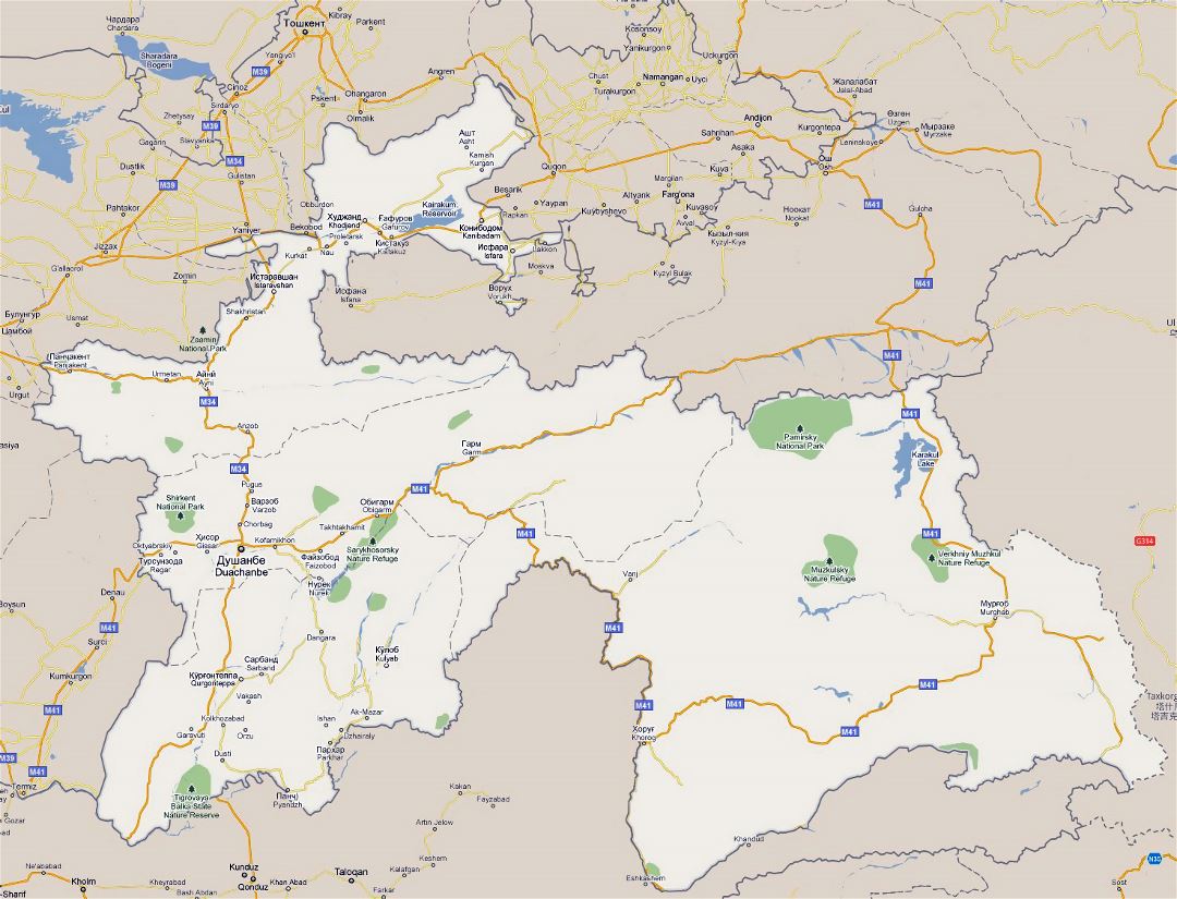 Большая карта дорог Таджикистана с национальными парками и городами