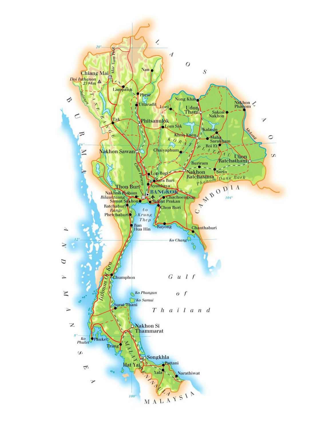 Детальная карта высот Таиланда с дорогами, железными дорогами, крупными городами и аэропортами