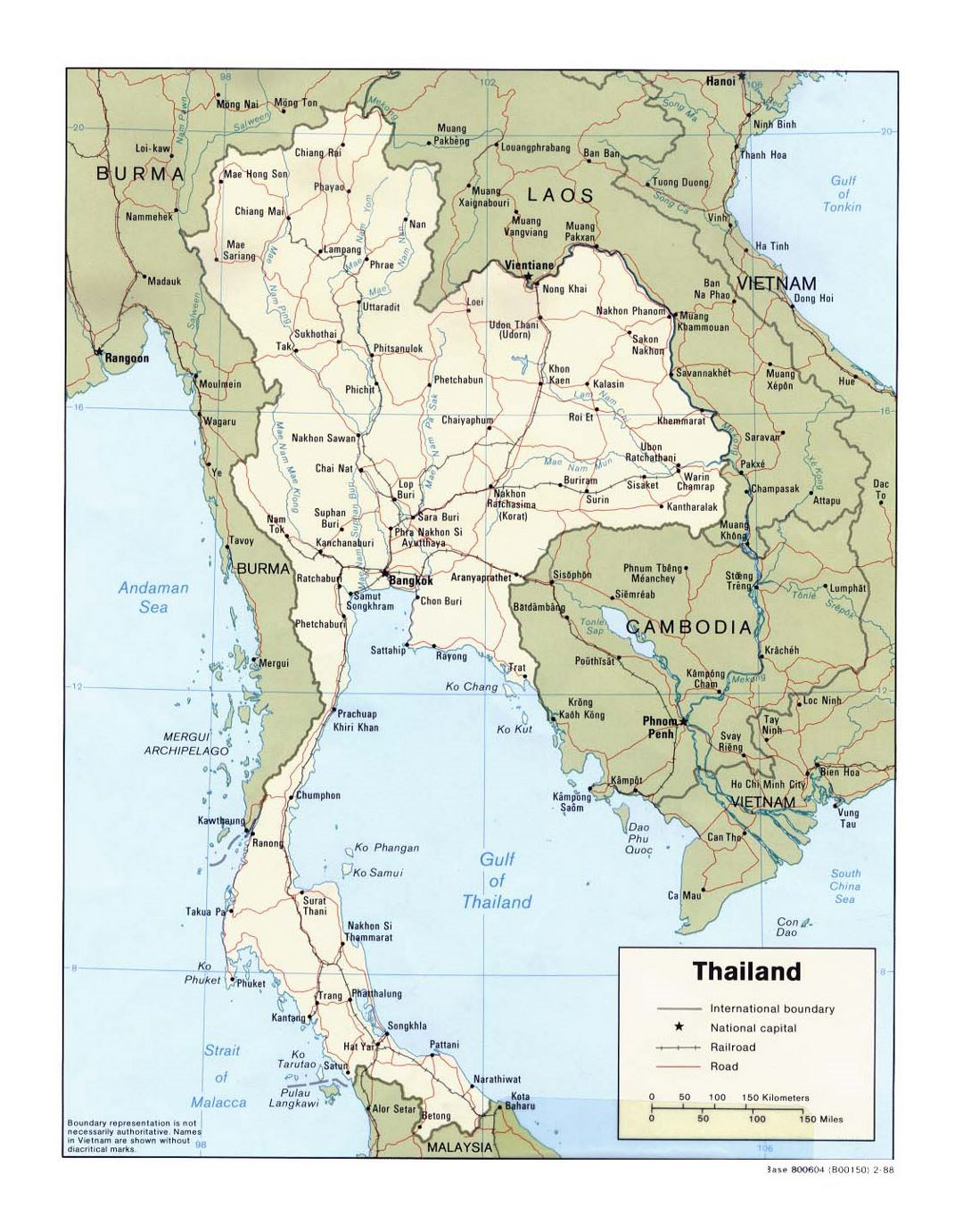 Детальная политическая карта Таиланда с дорогами, железными дорогами и крупными городами - 1988