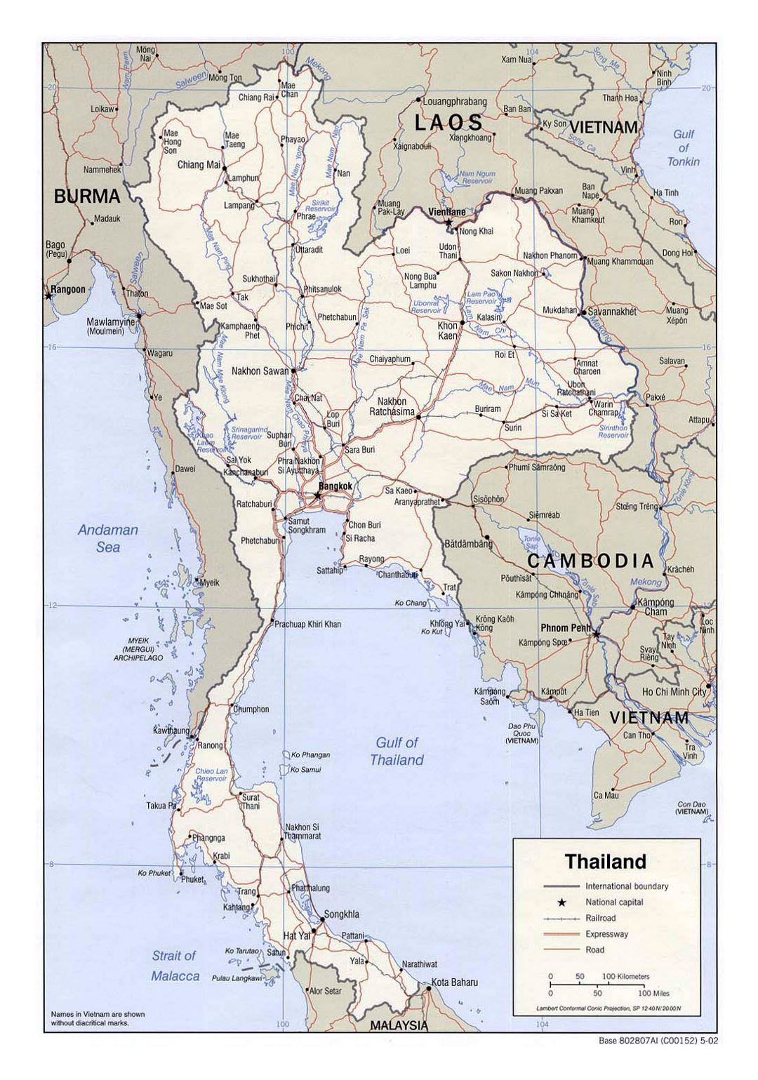 Детальная политическая карта Таиланда с дорогами, железными дорогами и крупными городами - 2002