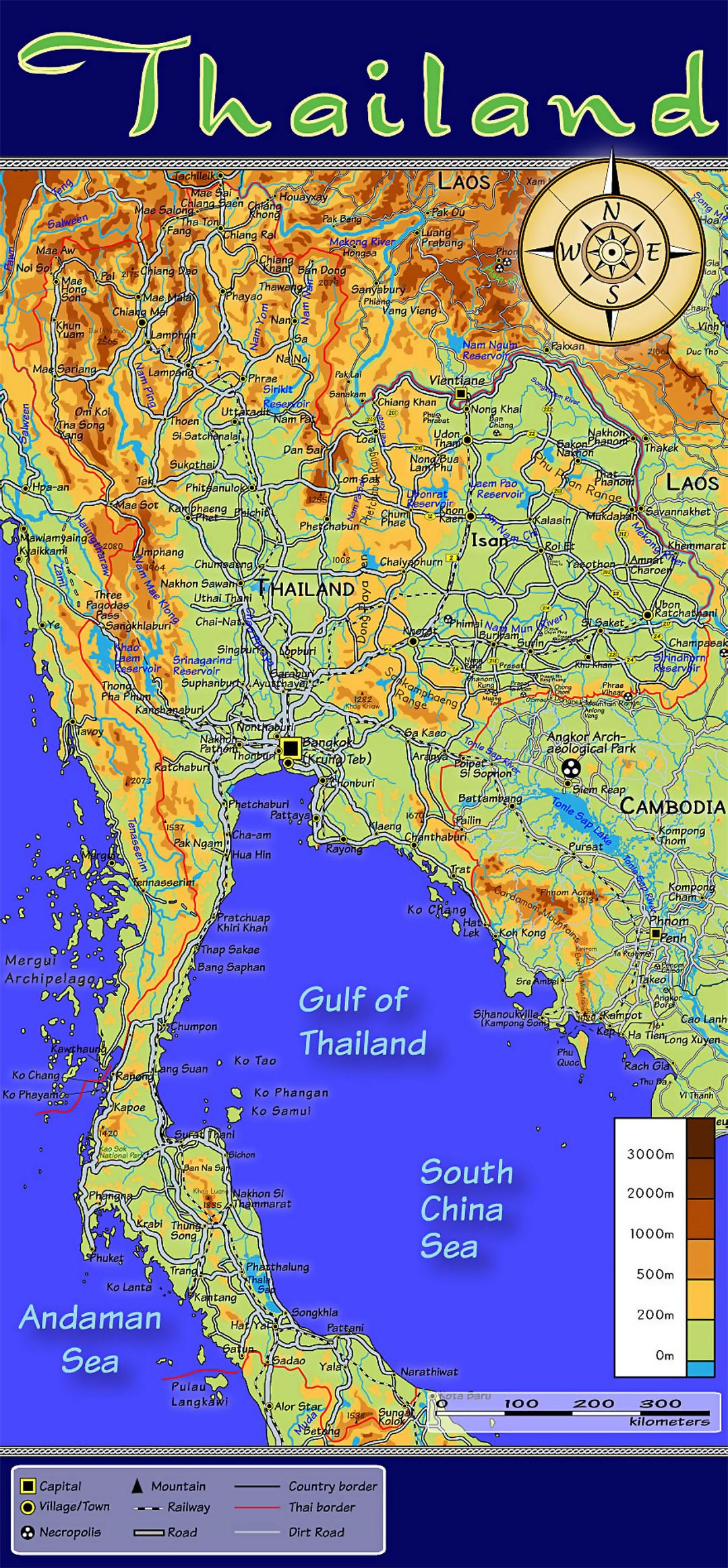 Детальная топографическая карта Таиланда с другими пометками
