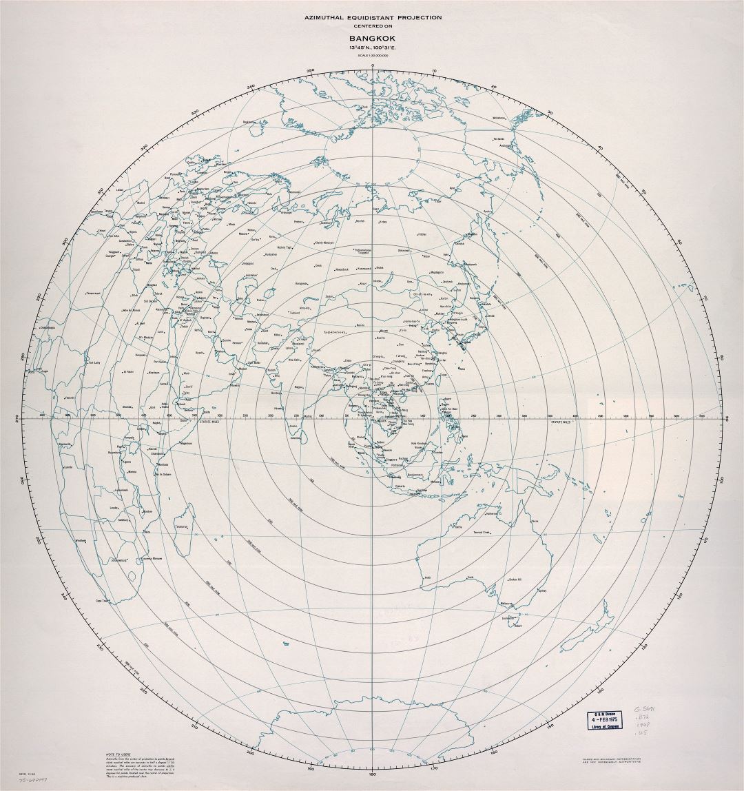 Большая подробная карта азимутальной проекции с центром в Бангкоке - 1968