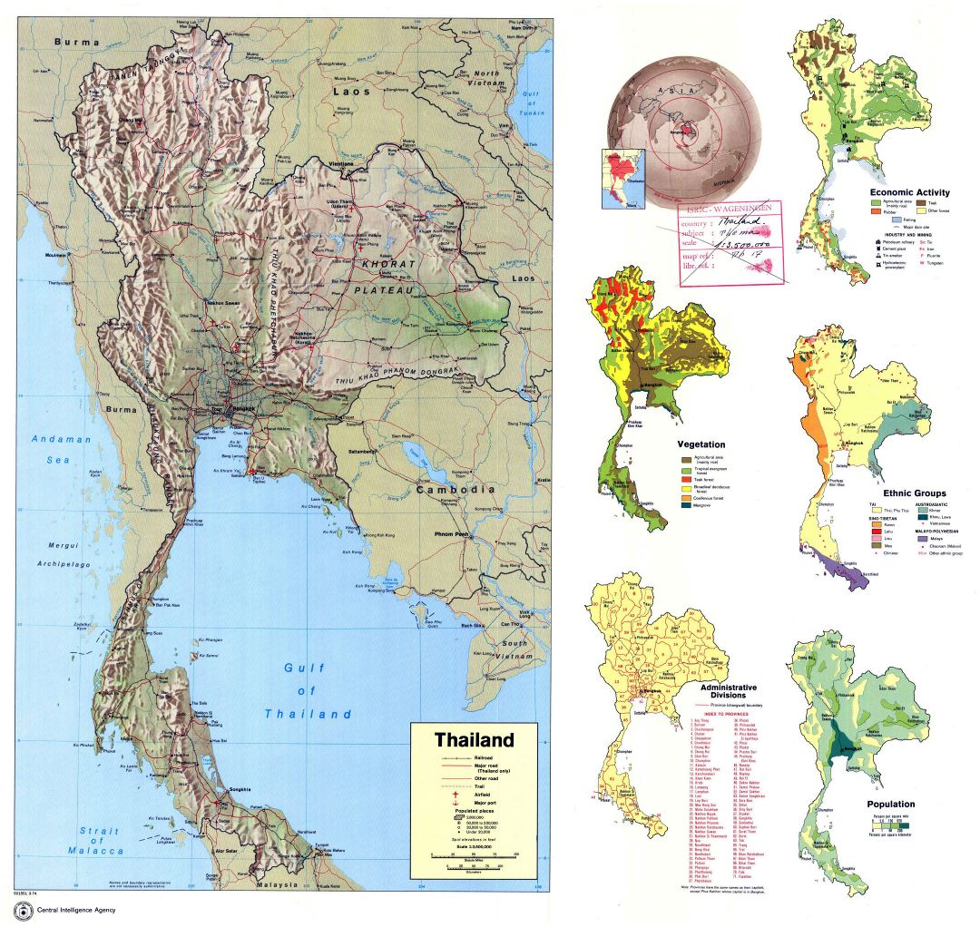 Большая детальная профильная карта страны Таиланда - 1974