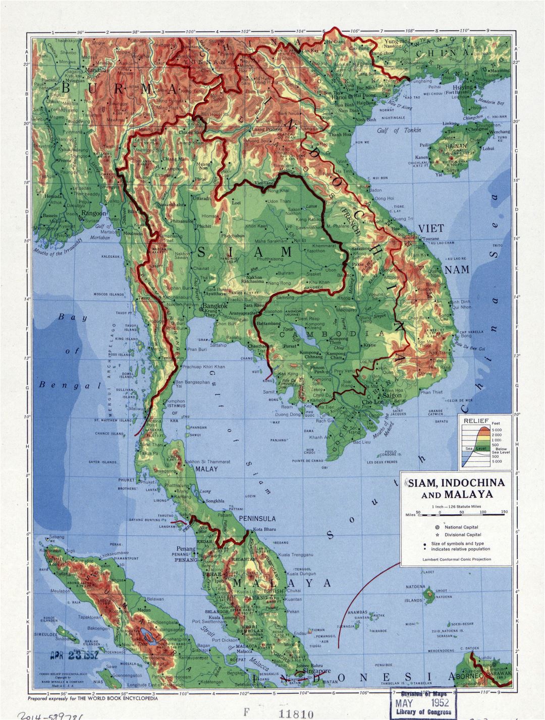 Большая детальная физическая карта Сиама, Индокитая и Малайи - 1952