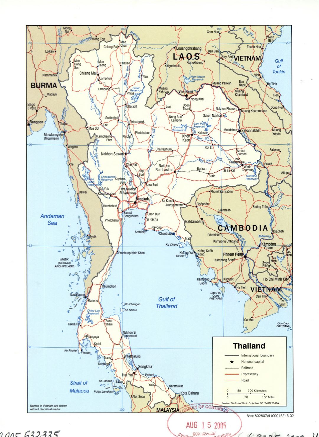 Большая детальная политическая карта Таиланда с дорогами, железными дорогами и крупными городами - 2002