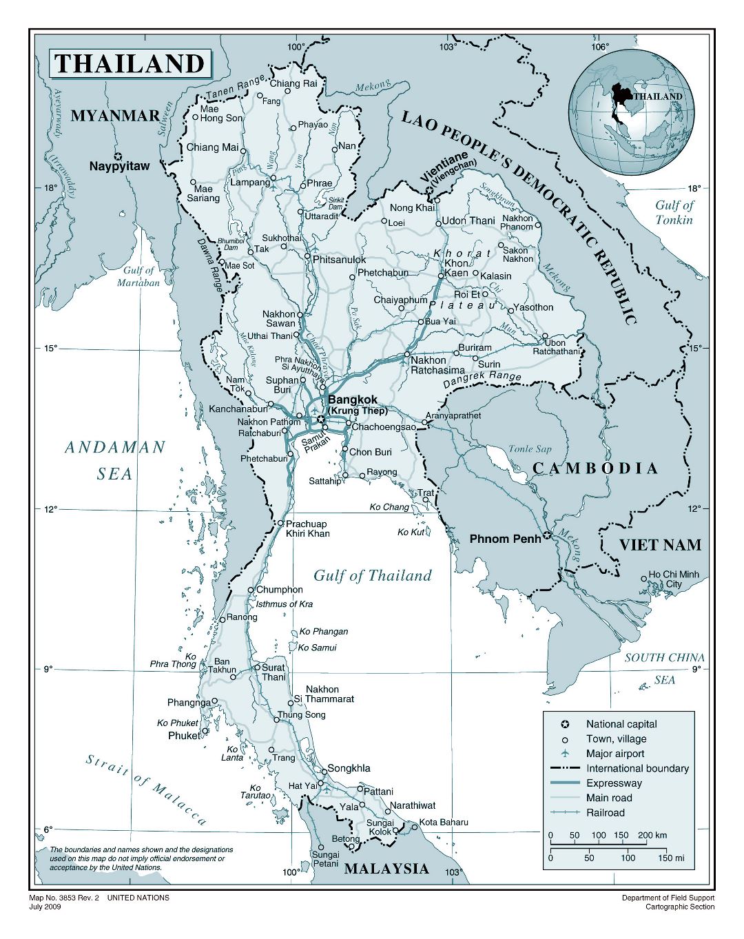 Большая детальная политическая карта Таиланда с дорогами, железными дорогами, городами и аэропортами