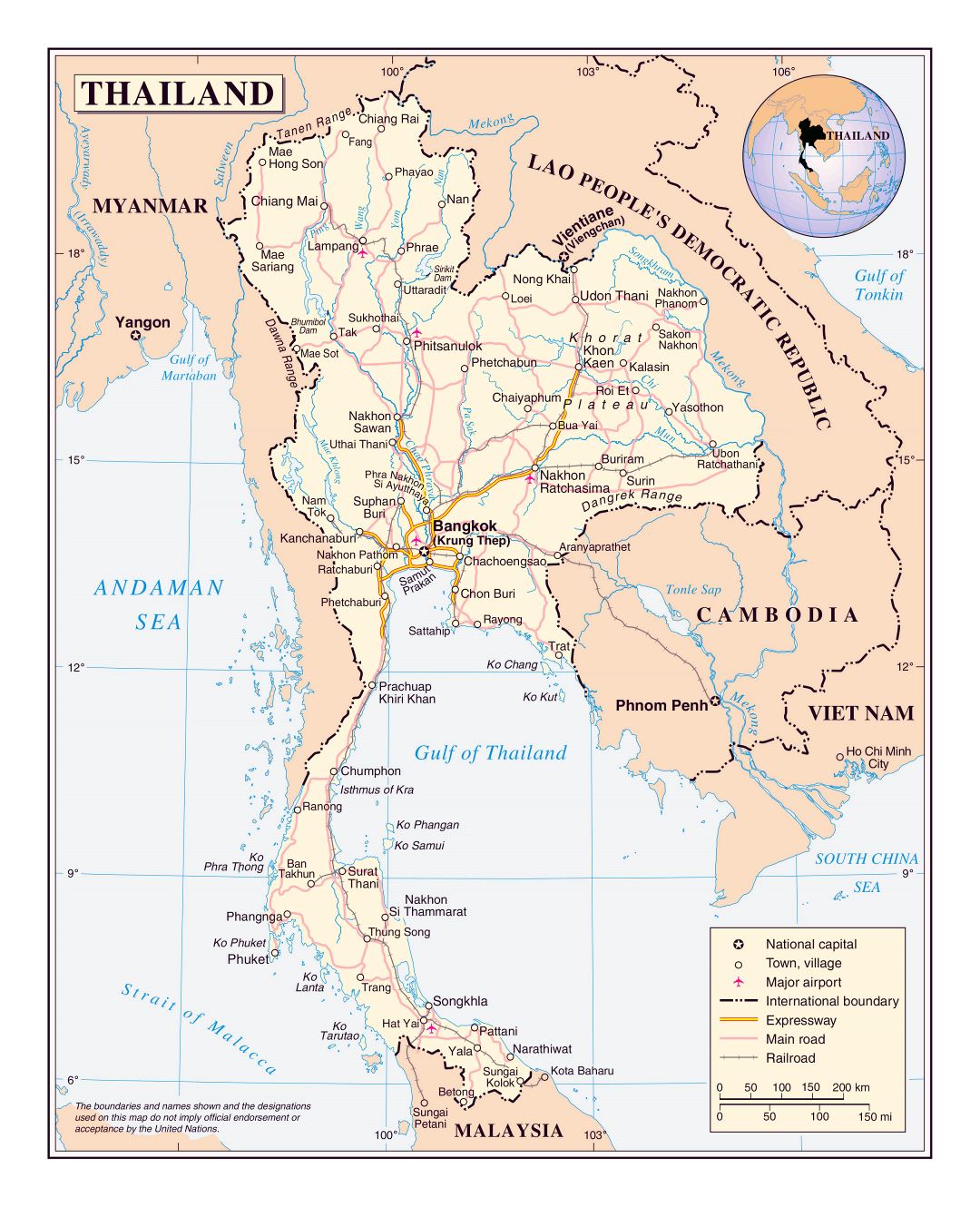 Большая детальная политическая карта Таиланда с дорогами, железными дорогами, крупными городами и аэропортами