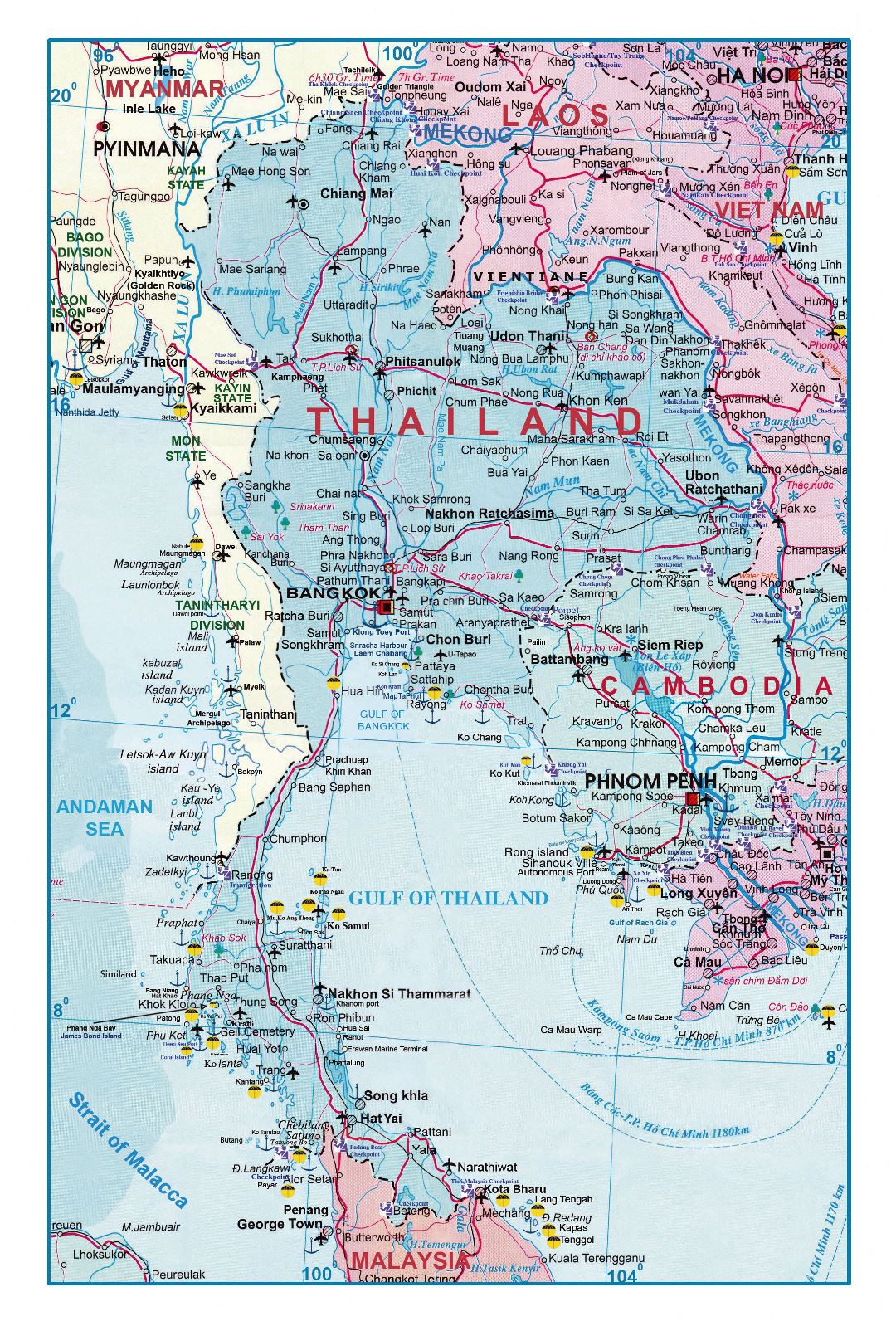 Большая детальная карта дорог Таиланда с аэропортами и другими пометками