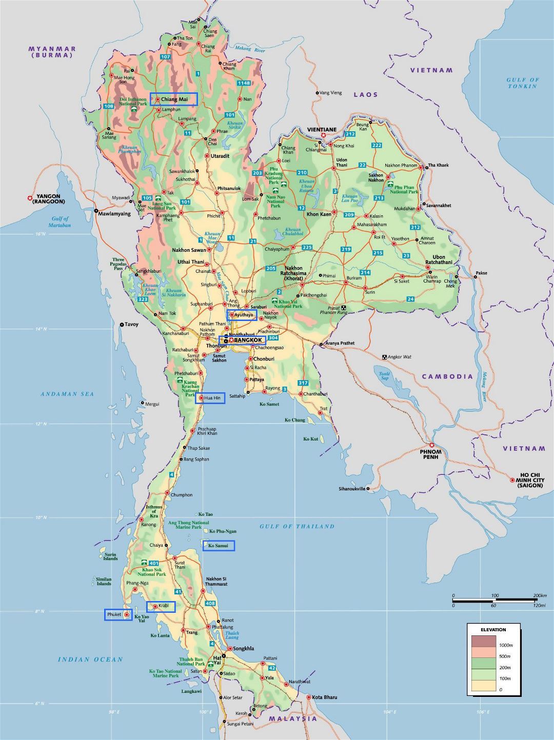 Большая карта высот Таиланда с другими пометками