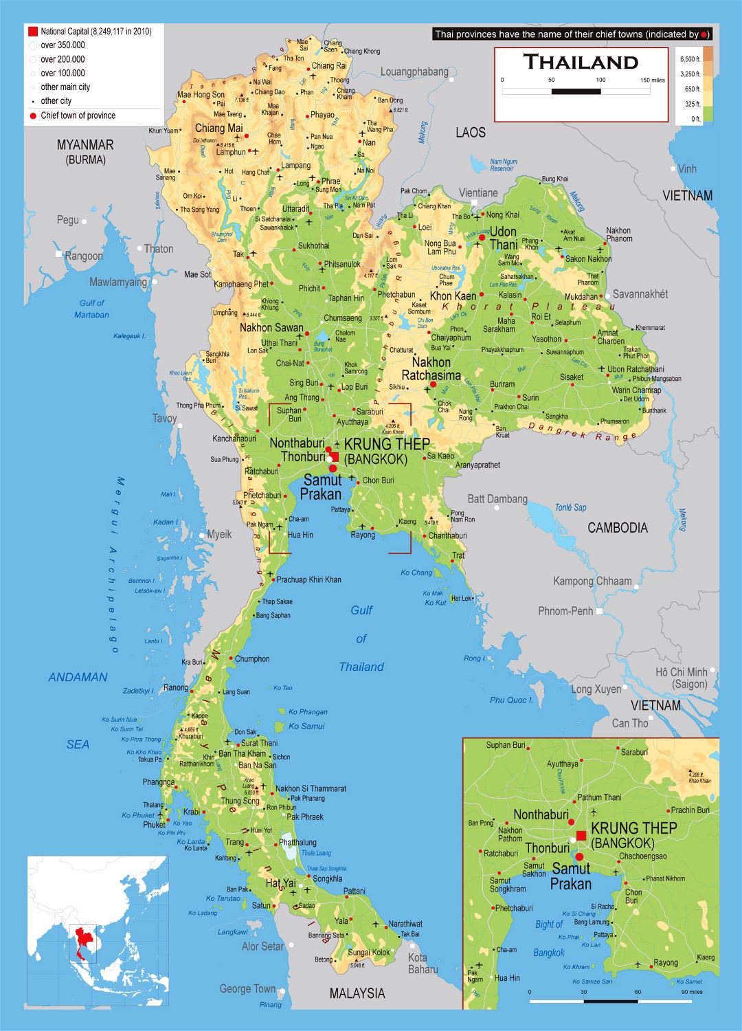 Большая карта высот Таиланда с дорогами, городами и аэропортами