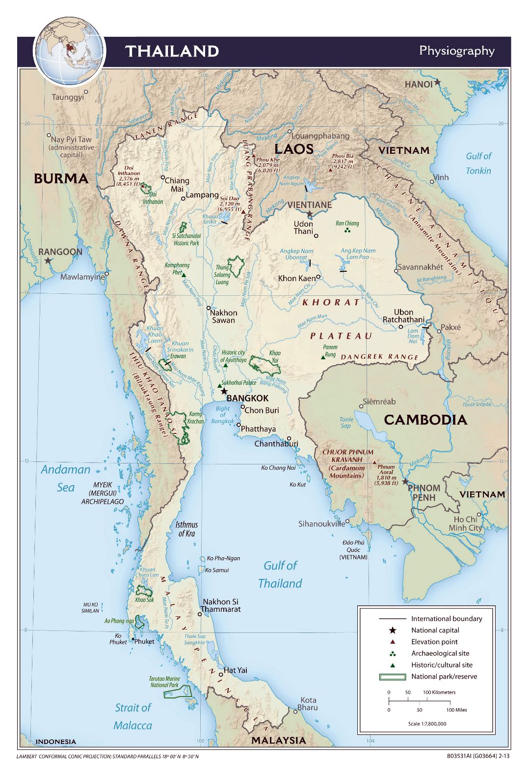 Большая карта физиографии Таиланда - 2013