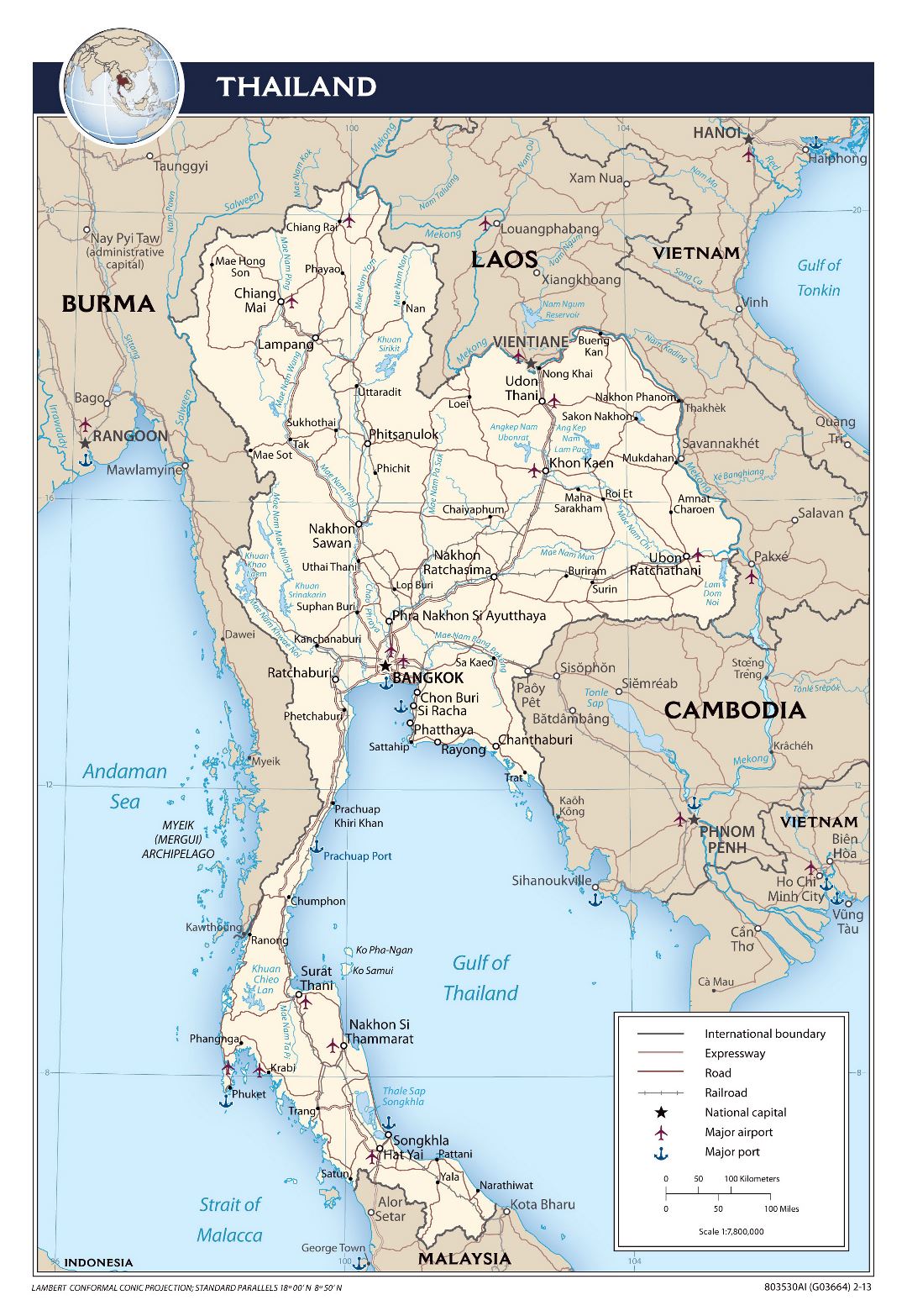 Большая политическая карта Таиланда с дорогами, железными дорогами, крупными городами, аэропортами и портами - 2013