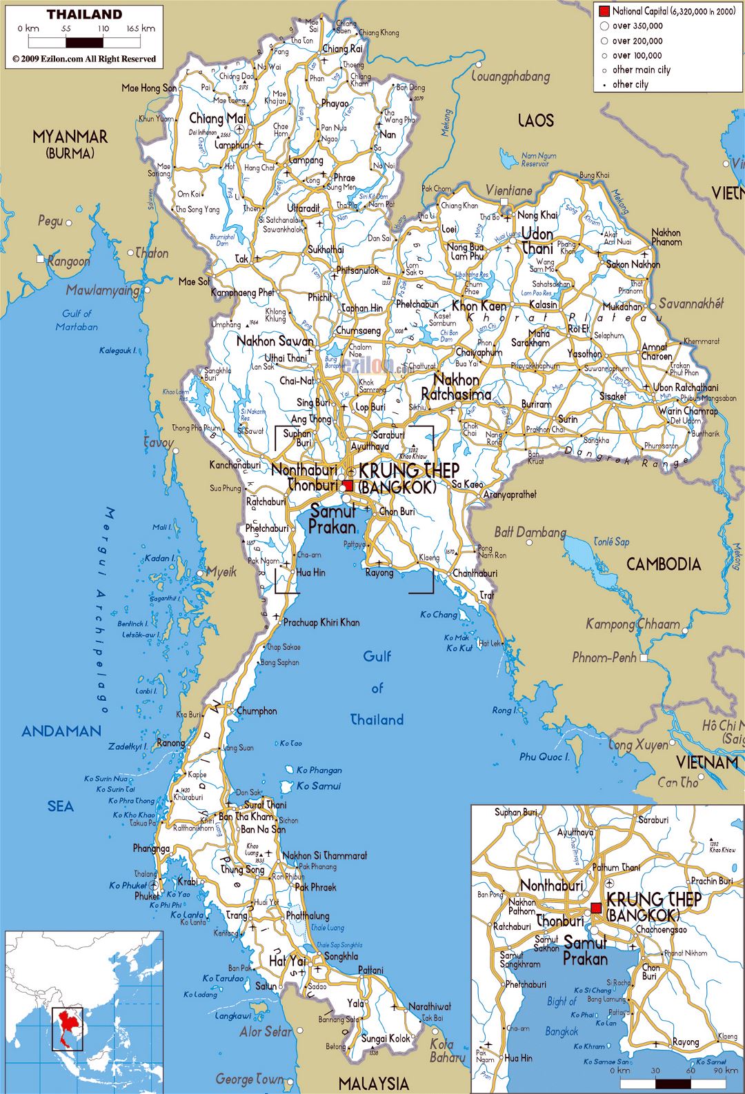 Большая карта дорог Таиланда с городами и аэропортами