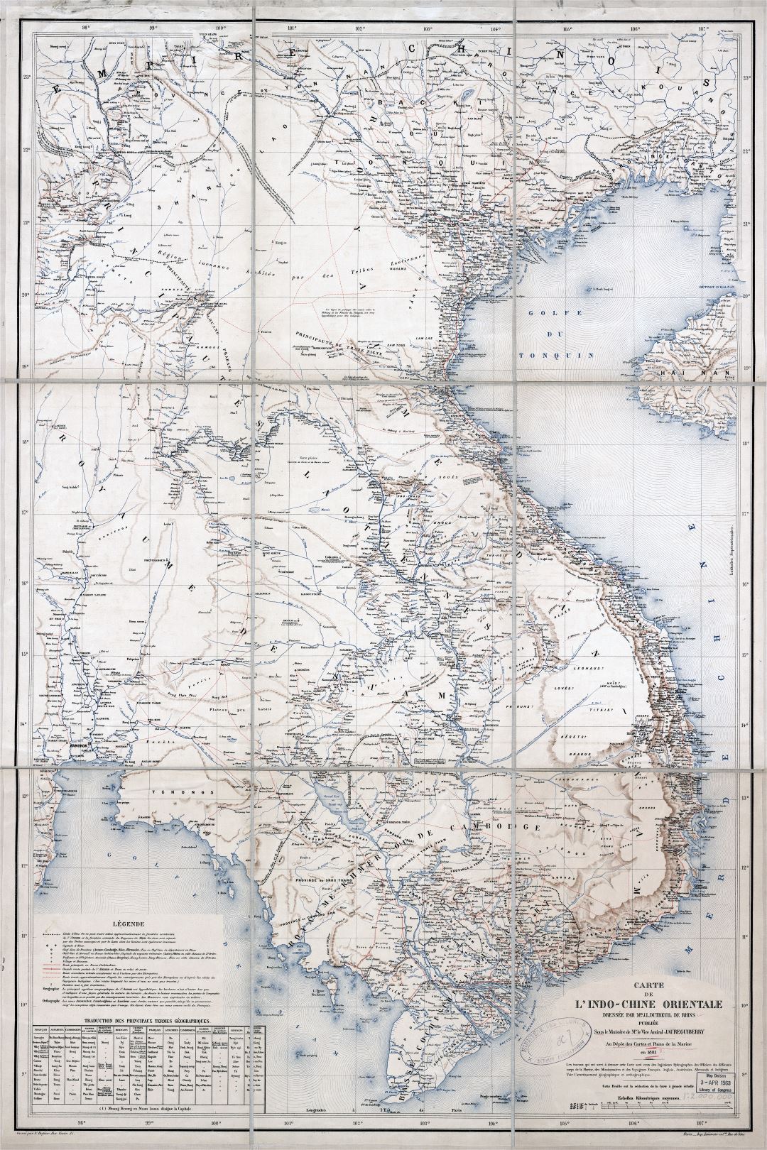 Крупномасштабная детальная старая карта Индокитая - 1881
