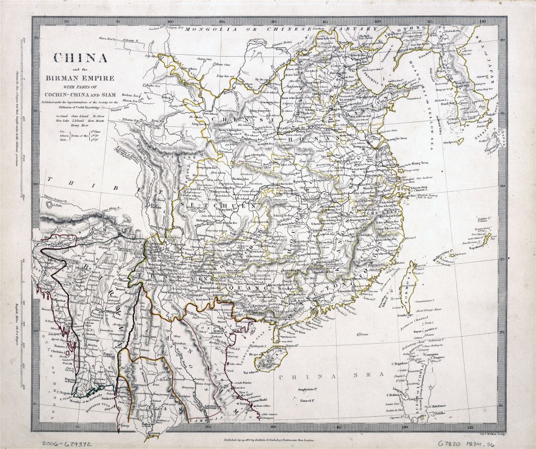 Крупномасштабная старая карта Китая и Бирманской империи с частями Кохинхина и Сиама - 1834