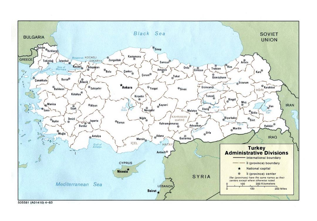 Детальная карта административных делений Турции - 1983