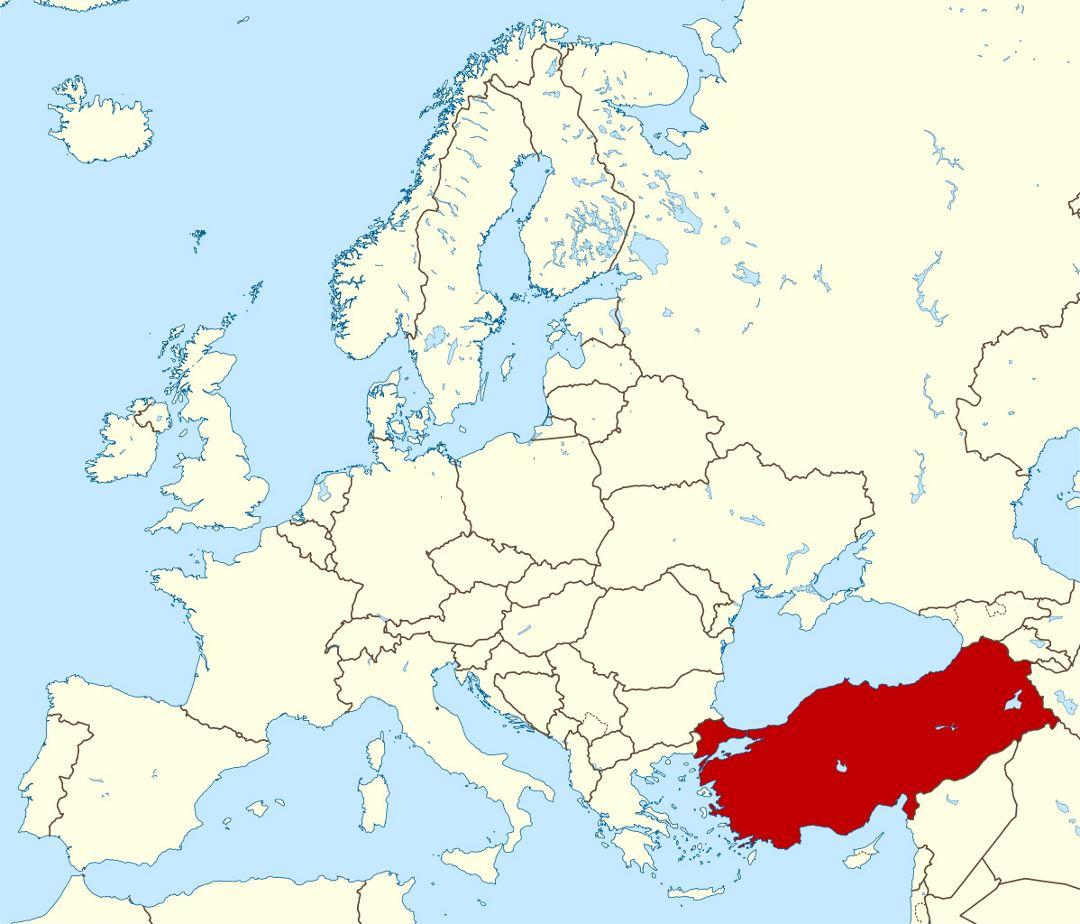 Детальная карта расположения Турции в Европе