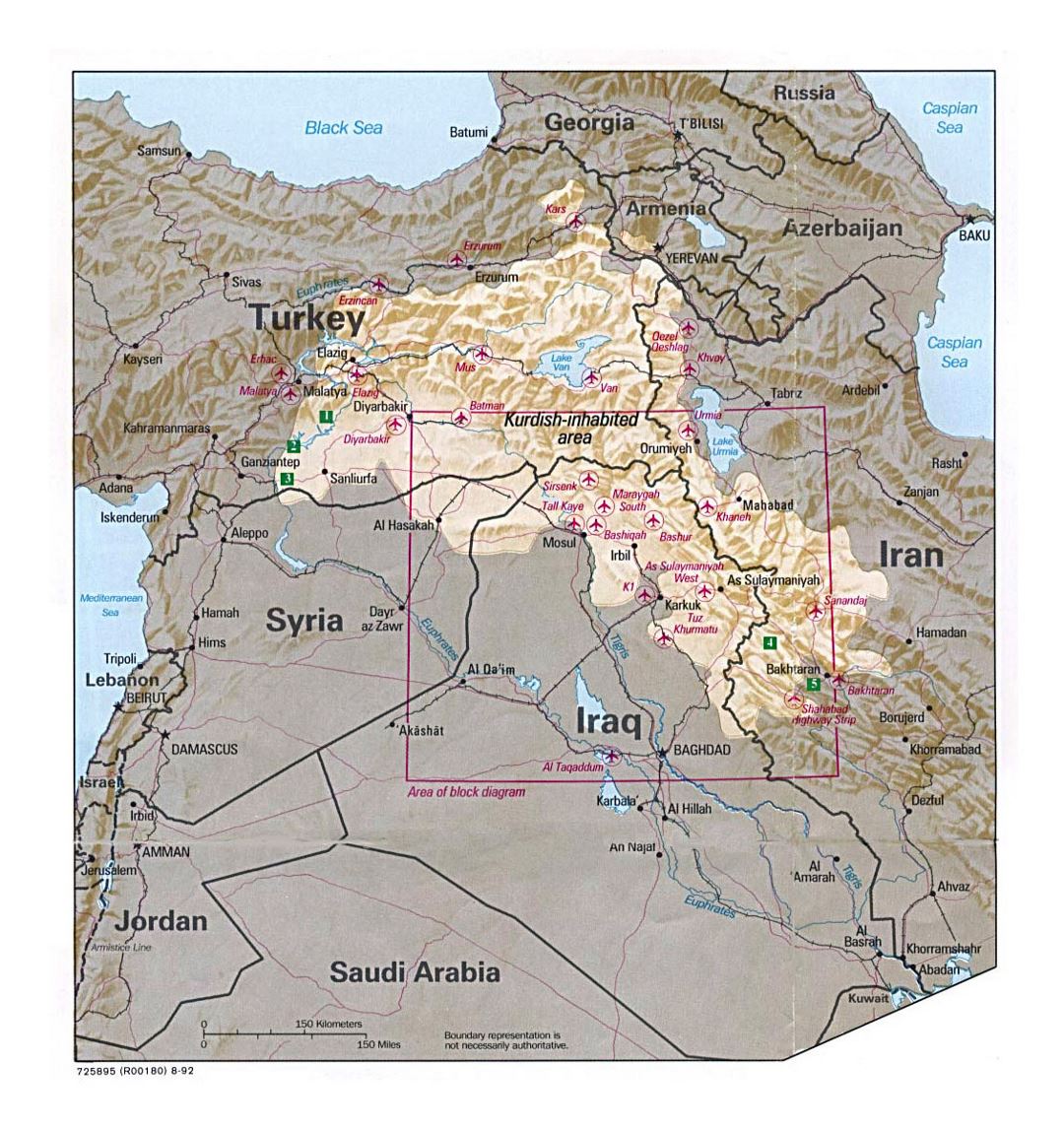 Детальная карта Курдистана с рельефом и другими пометками - 1992