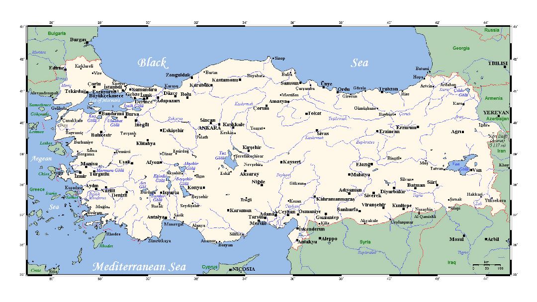 Детальная карта Турции с крупными городами