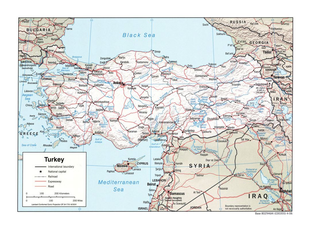 Детальная политическая карта Турции с рельефом, дорогами, железными дорогами и крупными городами - 2006
