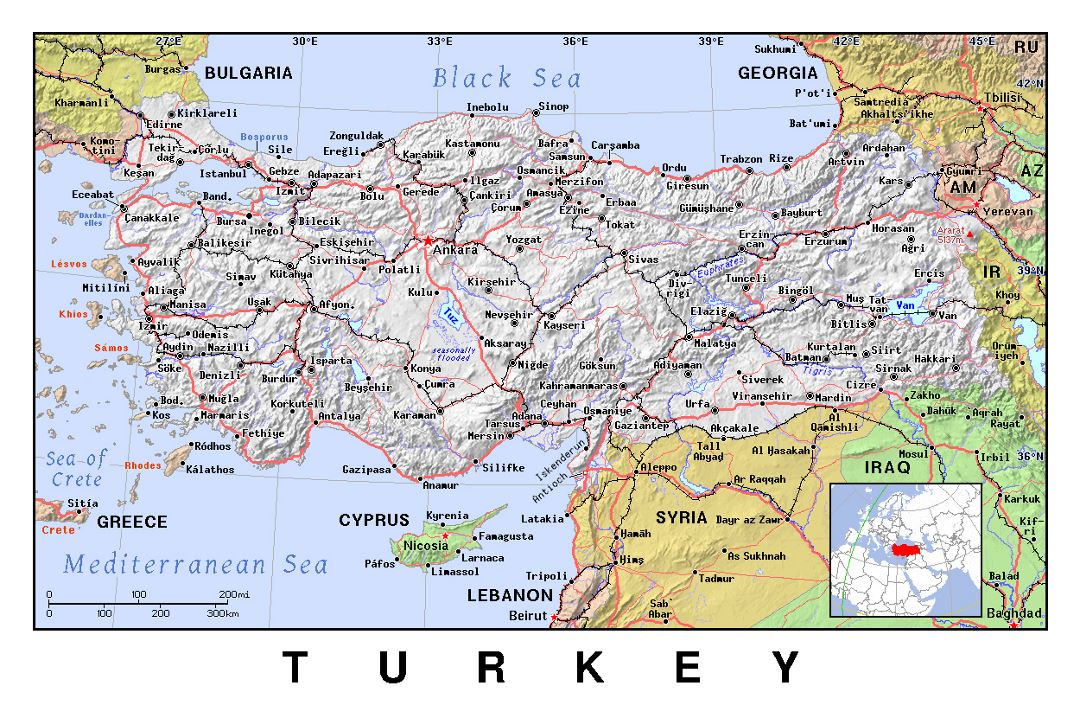 Детальная политическая карта Турции с рельефом