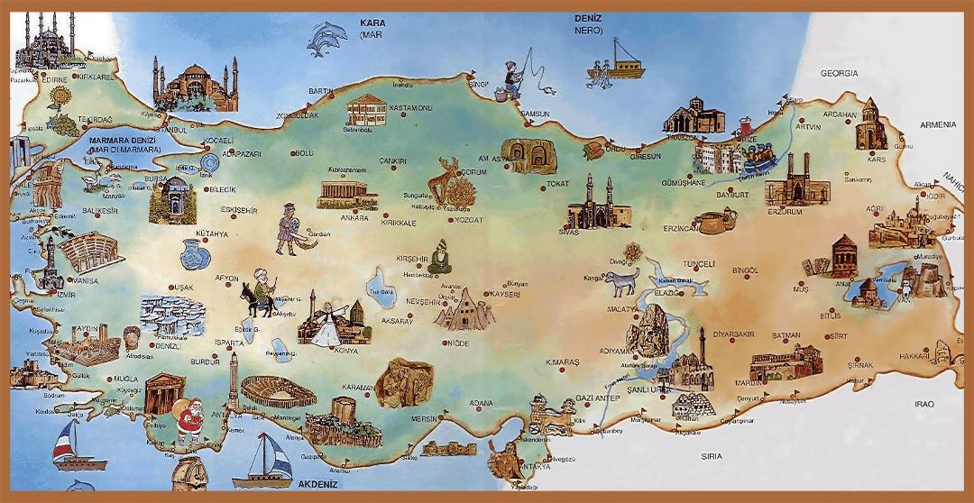 Детальная туристическая иллюстрированная карта Турции