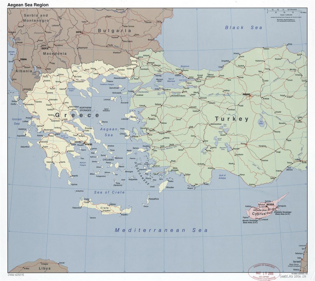 Большая детальная политическая карта региона Эгейского моря с дорогами, железными дорогами и крупными городами - 2006