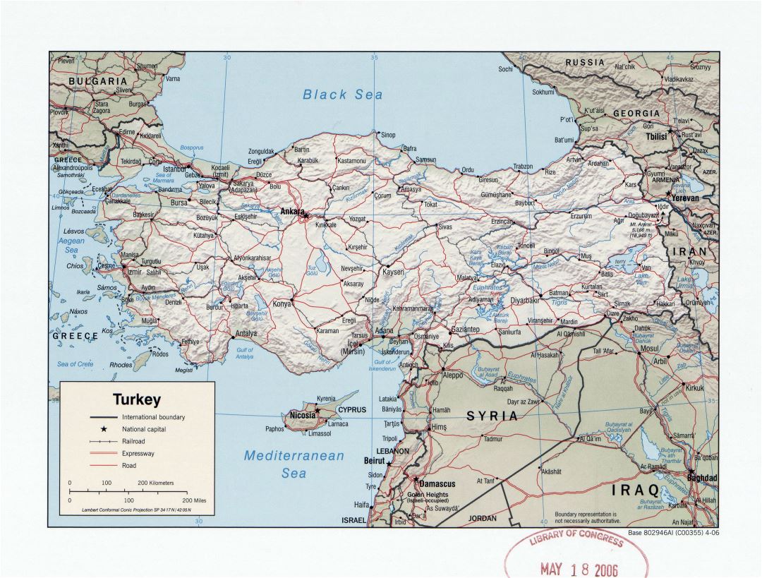 Большая детальная политическая карта Турции с рельефом, дорогами, железными дорогами и крупными городами - 2006