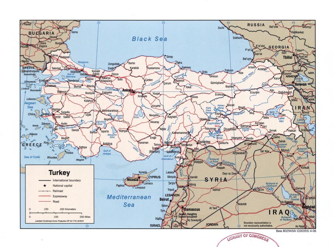 Большая детальная политическая карта Турции с дорогами, железными дорогами и крупными городами - 2006