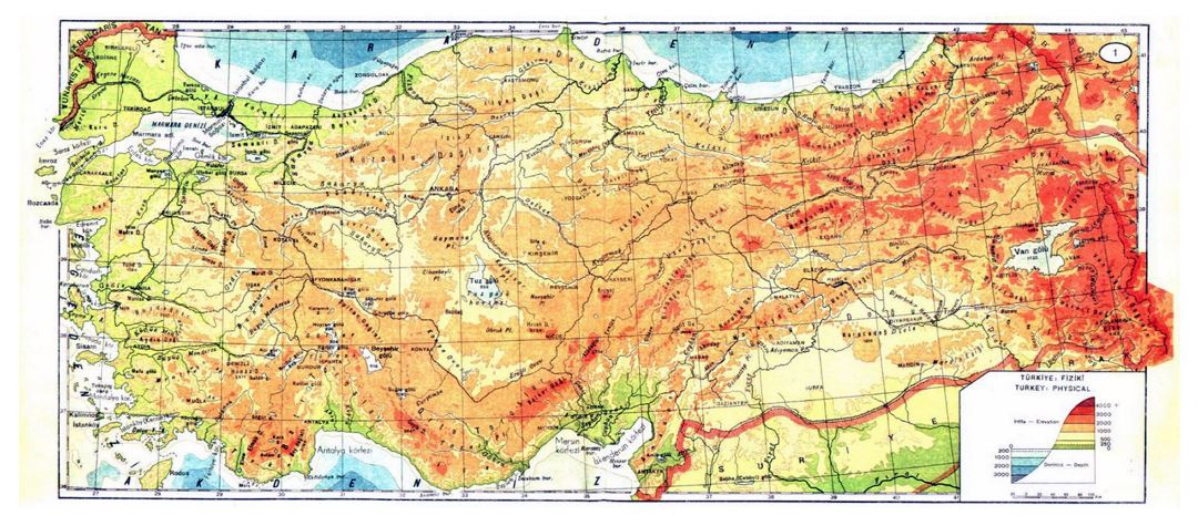 Большая физическая карта Турции