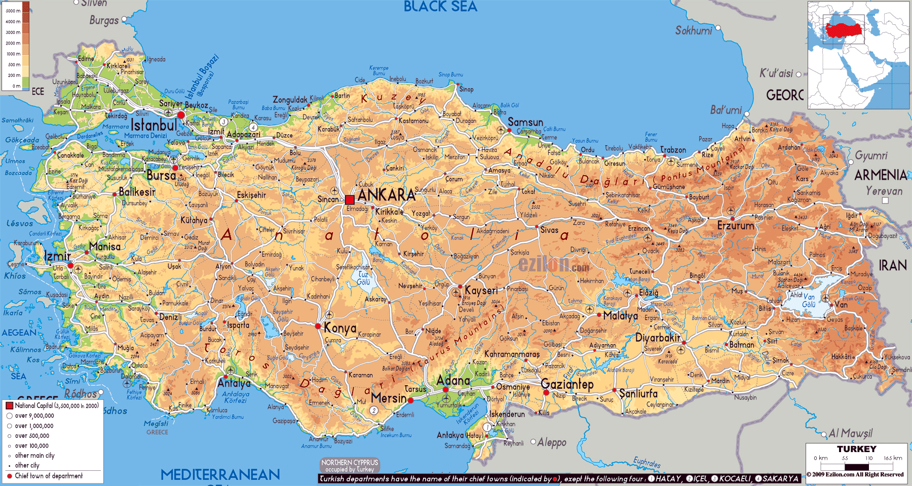 Большая физическая карта Турции с дорогами, городами и аэропортами