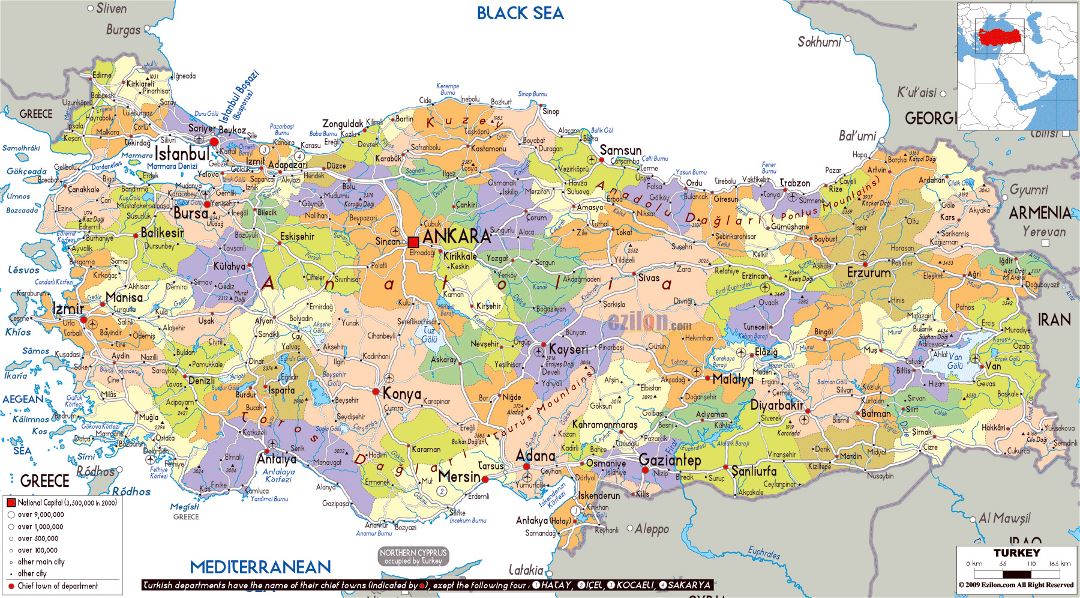 Большая политическая и административная карта Турции с дорогами, городами и аэропортами