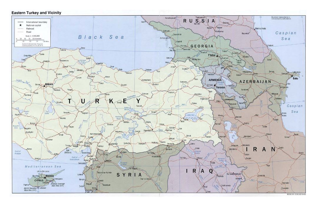 Большая политическая карта Восточной Турции и окрестностей с дорогами, железными дорогами и городами - 2002