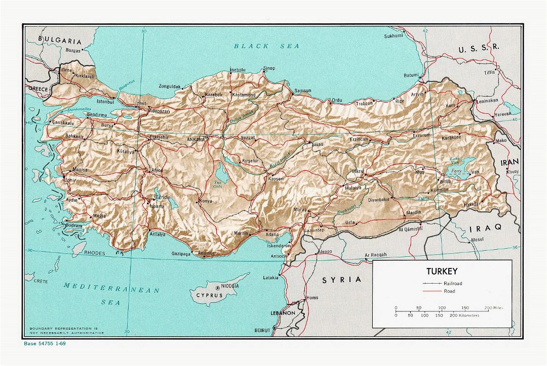 Большая политическая карта Турции с рельефом, дорогами, железными дорогами и крупными городами - 1969