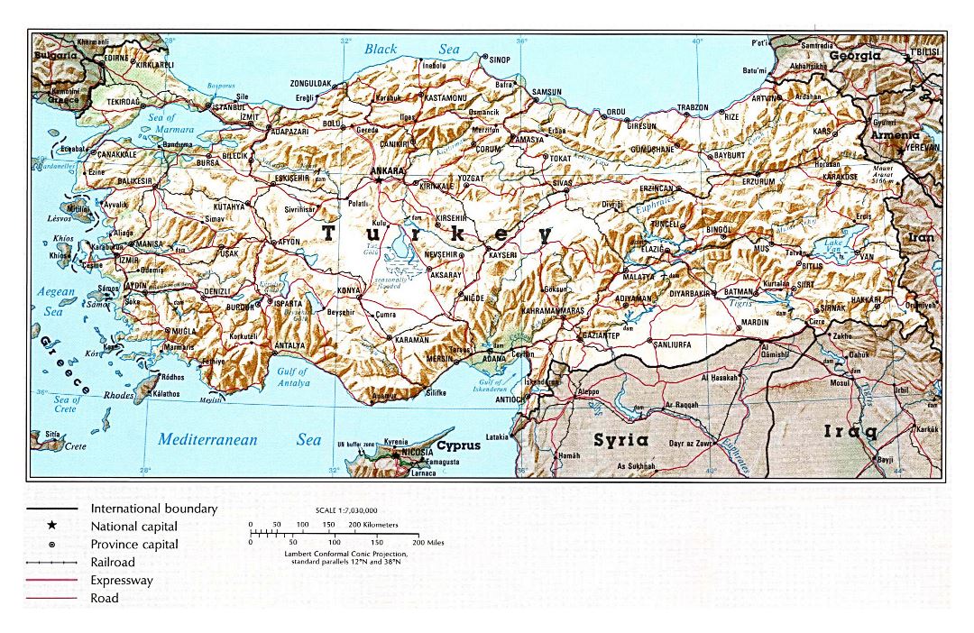 Большая политическая карта Турции с рельефом, дорогами, железными дорогами и крупными городами - 1993