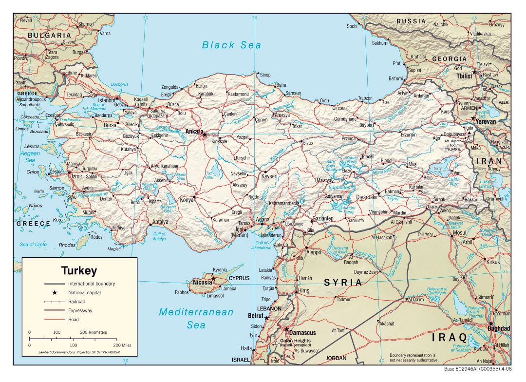 Большая политическая карта Турции с рельефом, дорогами, железными дорогами и крупными городами - 2006