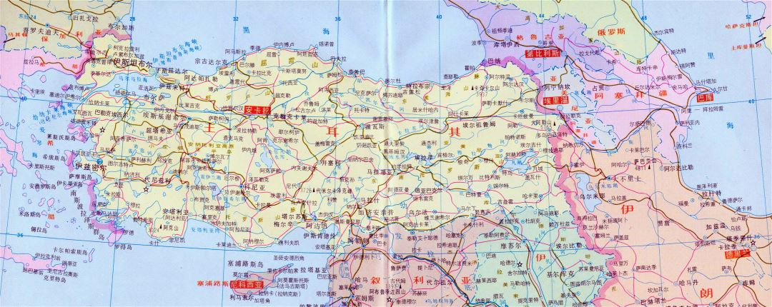 Большая политическая карта Турции с дорогами на китайском