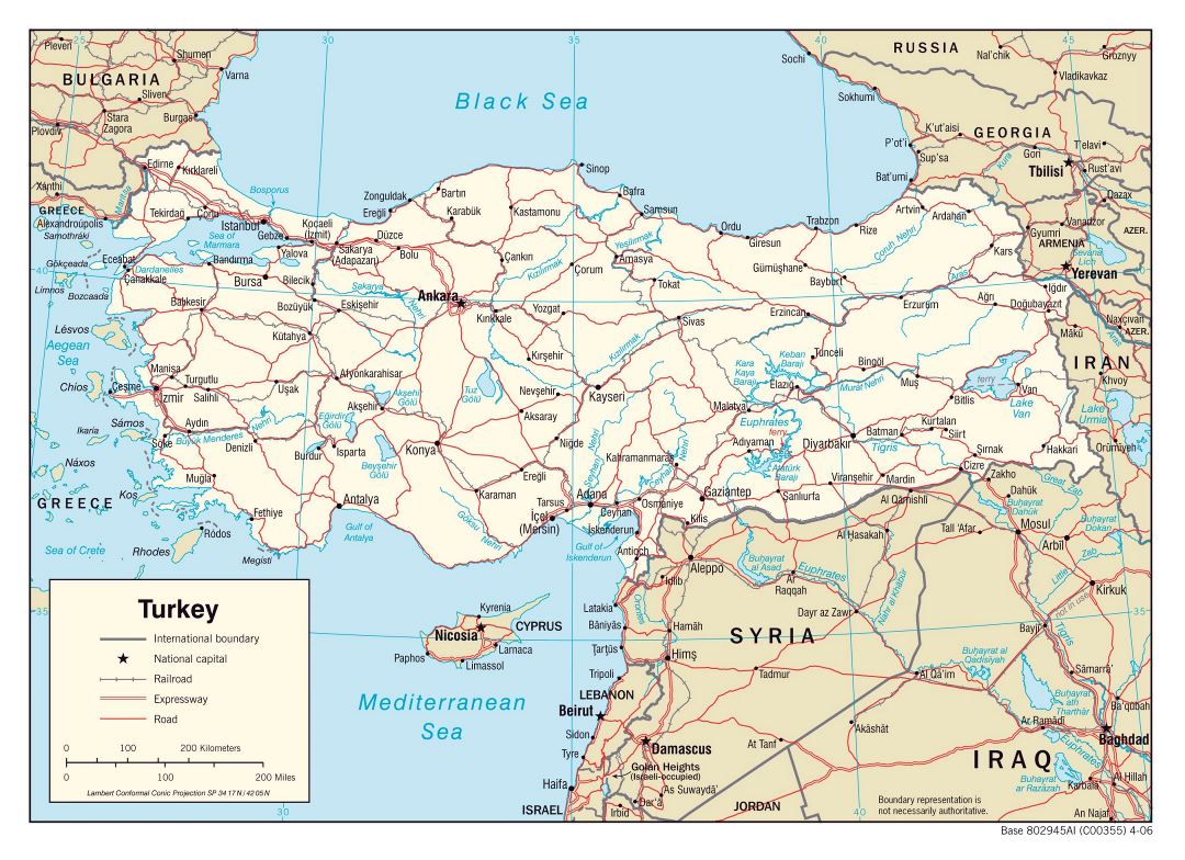 Большая политическая карта Турции с дорогами, железными дорогами и крупными городами - 2006