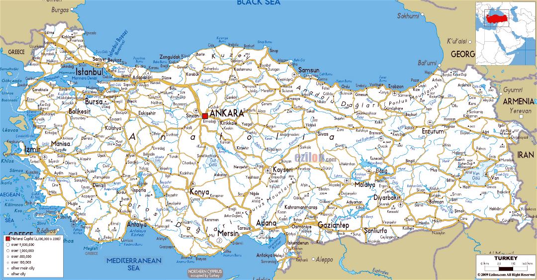 Большая карта дорог Турции с городами и аэропортами