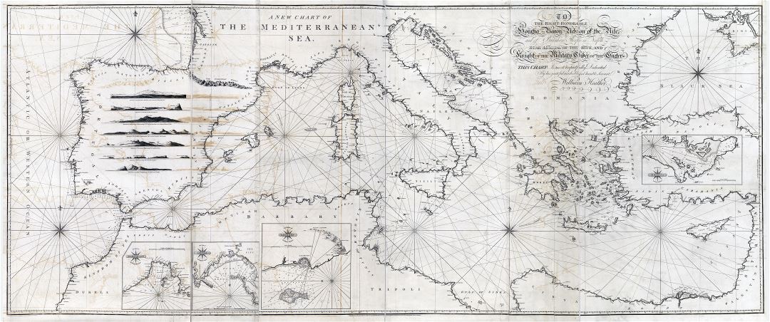 Крупномасштабная детальная старая античная карта Средиземного моря - 1797