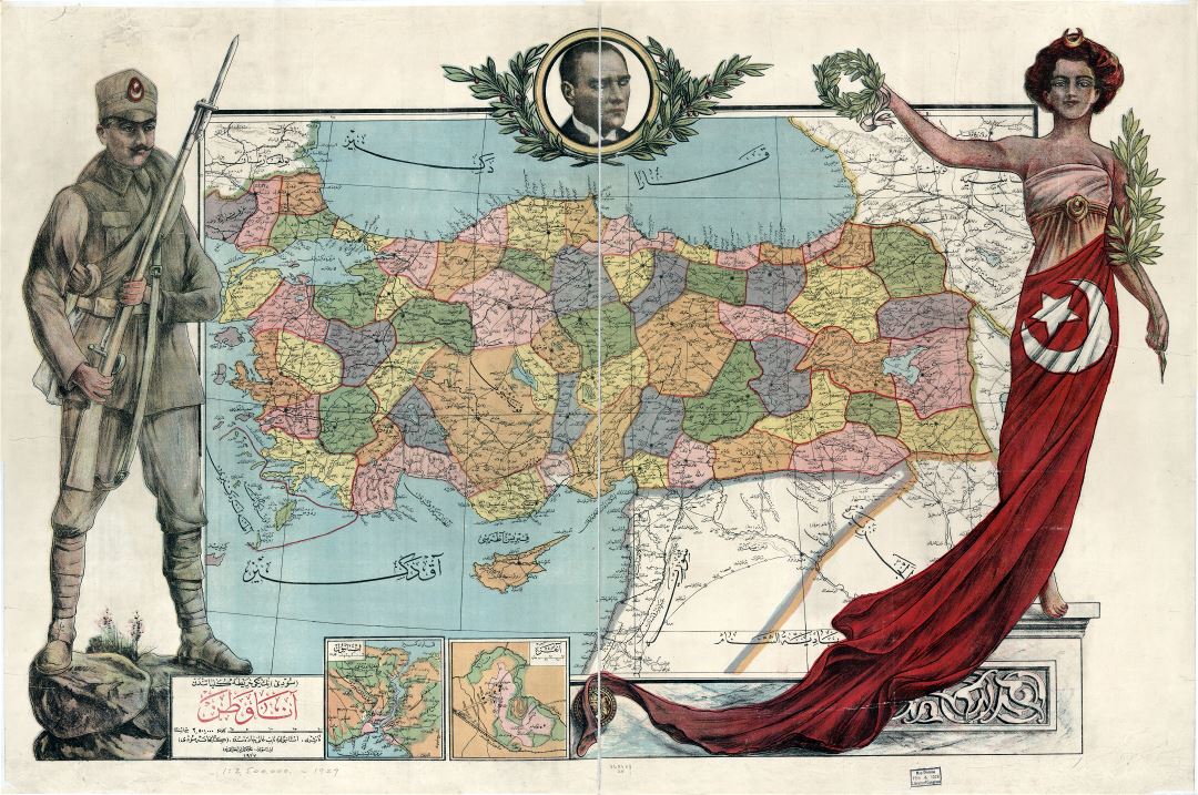 Крупномасштабная детальная старая политическая и административная карта Турции - 1927