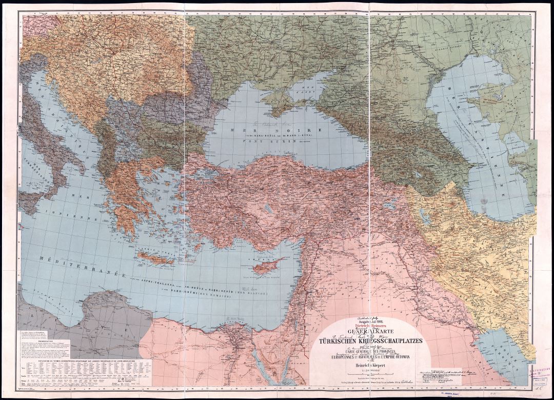 Крупномасштабная детальная старая политическая карта Турции и соседних стран с рельефом, городами и другими пометками - 1916