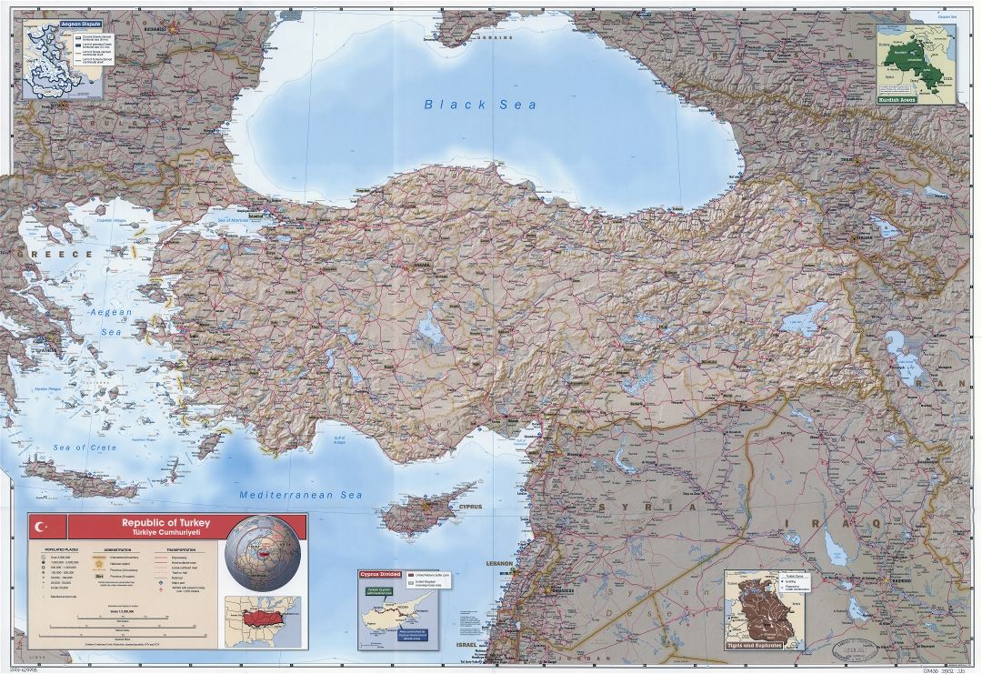 Крупномасштабная детальная политическая и административная карта Турции с рельефом, дорогами, железными дорогами, всеми городами, портами и аэропортами - 2002