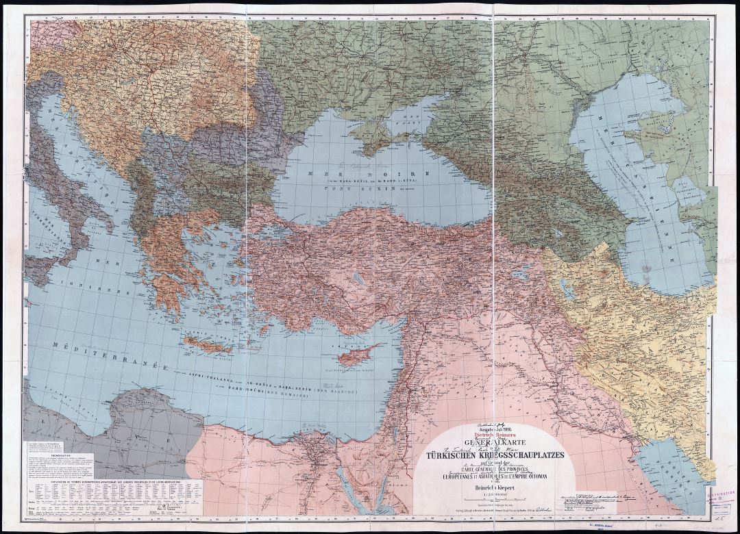 Крупномасштабная старая политическая карта Турции и соседних стран с рельефом, городами и другими пометками - 1916
