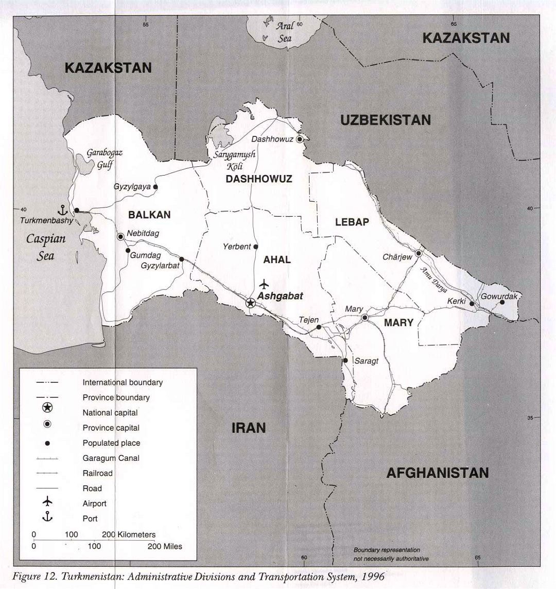 Детальная карта административных делений и транспортной системы Туркменистана - 1996