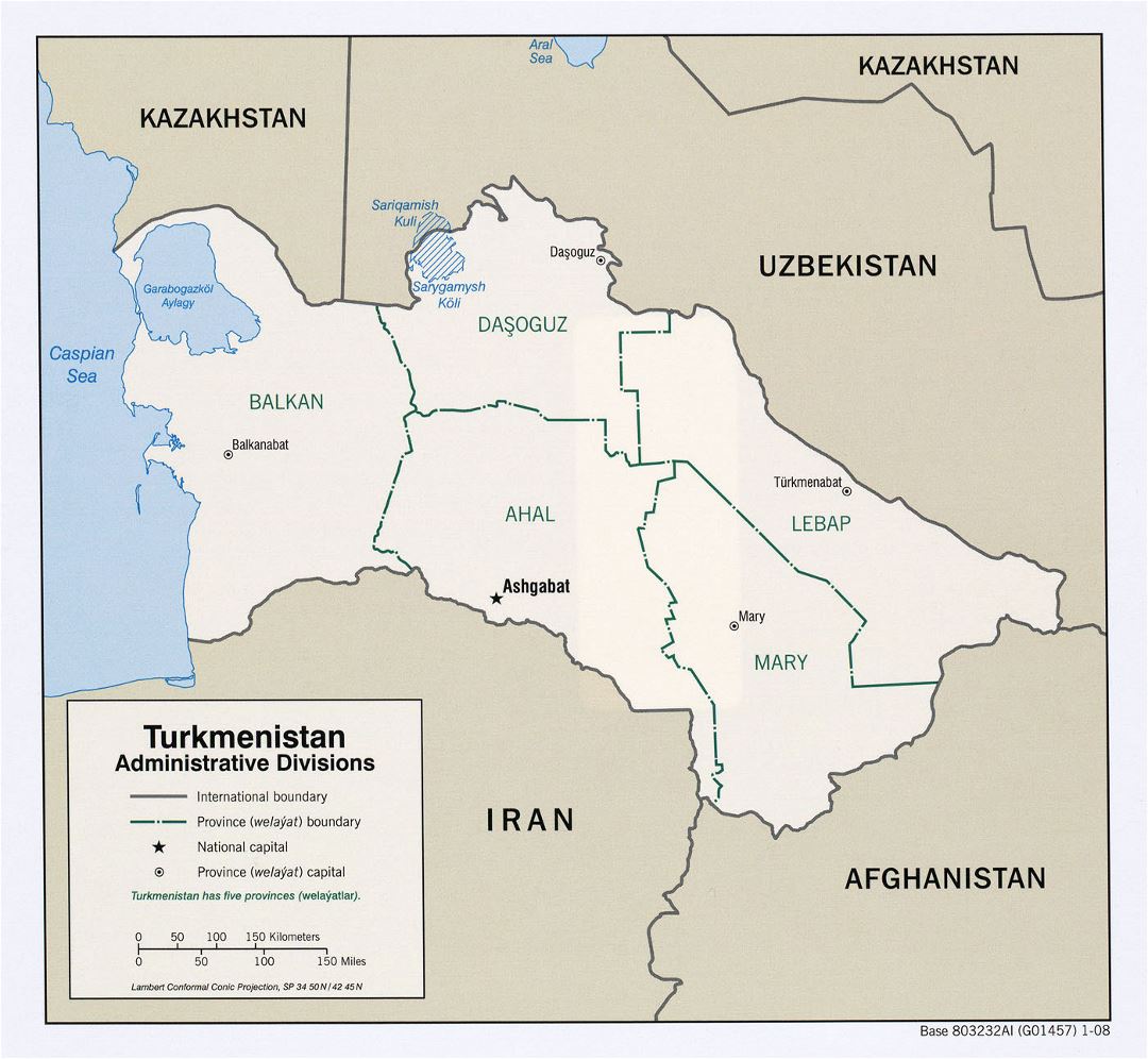 Детальная карта административных делений Туркменистана - 2008