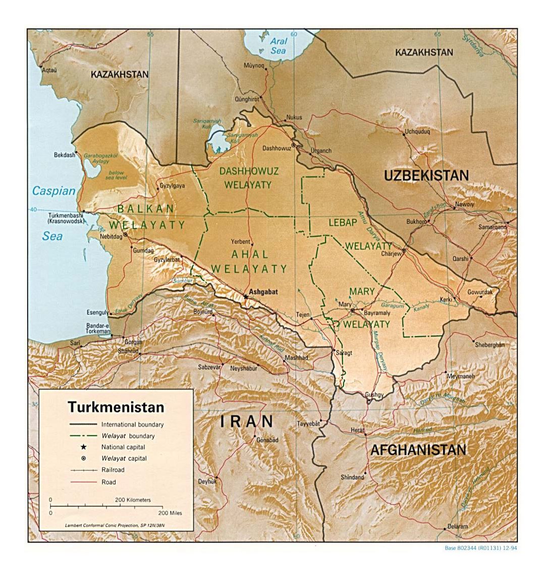 Детальная политическая и административная карта Туркменистана с рельефом, дорогами, железными дорогами и крупными городами - 1994