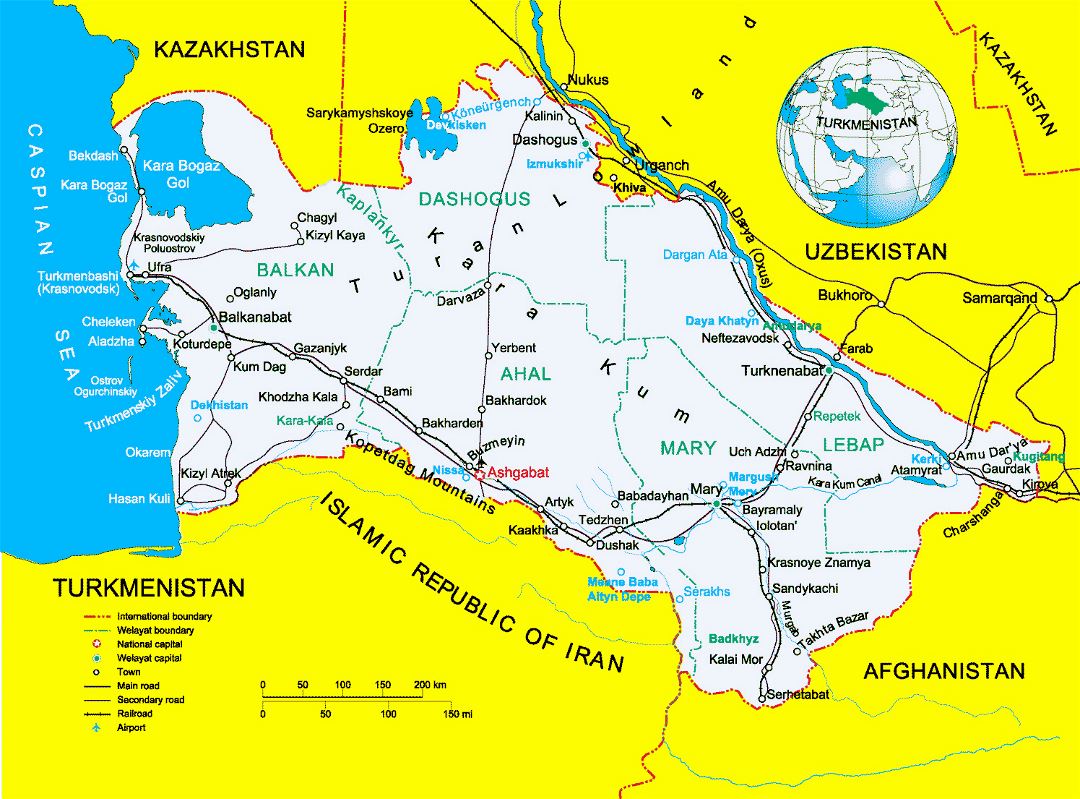 Детальная политическая карта Туркменистана с другими пометками