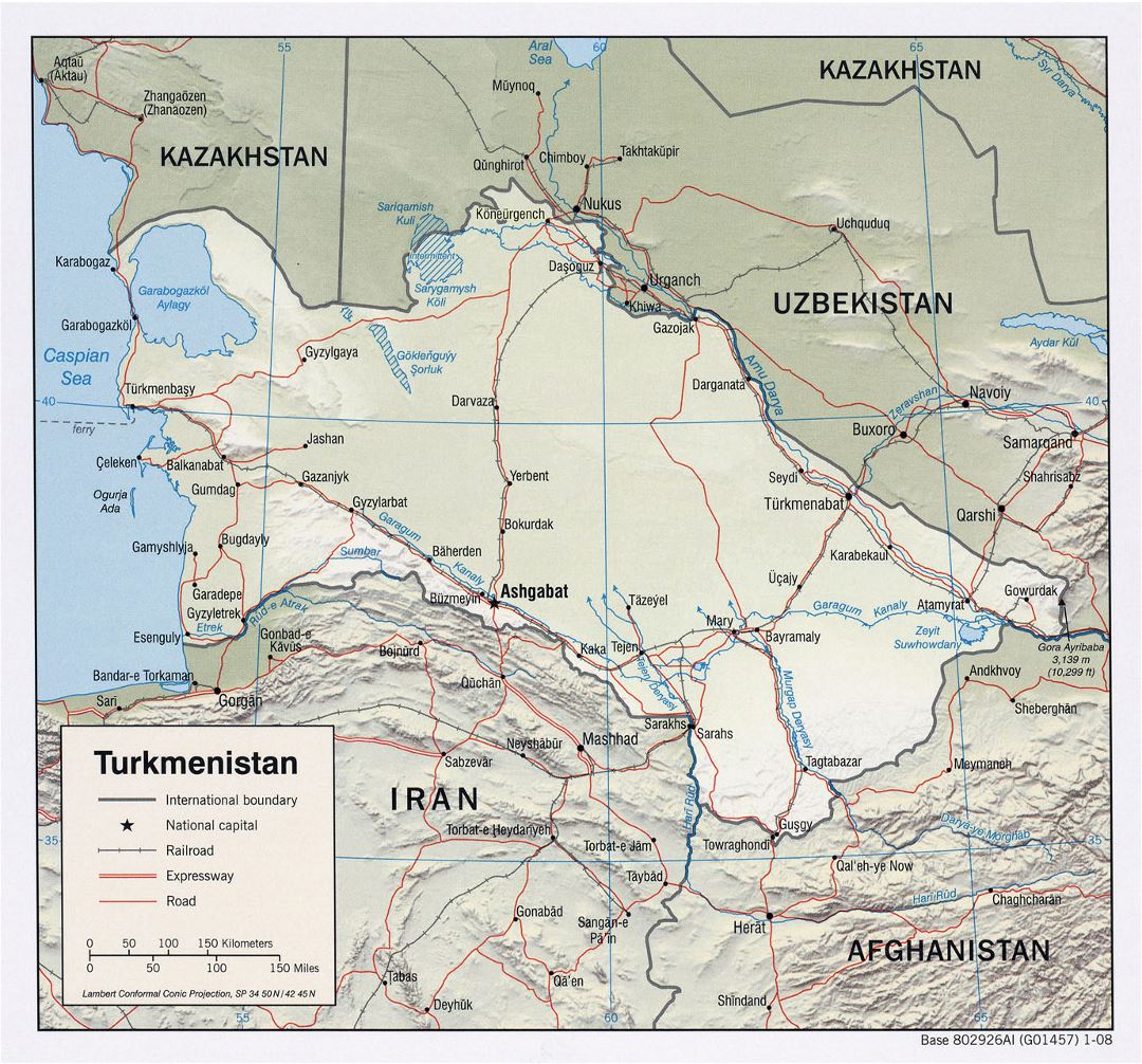 Детальная политическая карта Туркменистана с рельефом, дорогами, железными дорогами и крупными городами - 2008