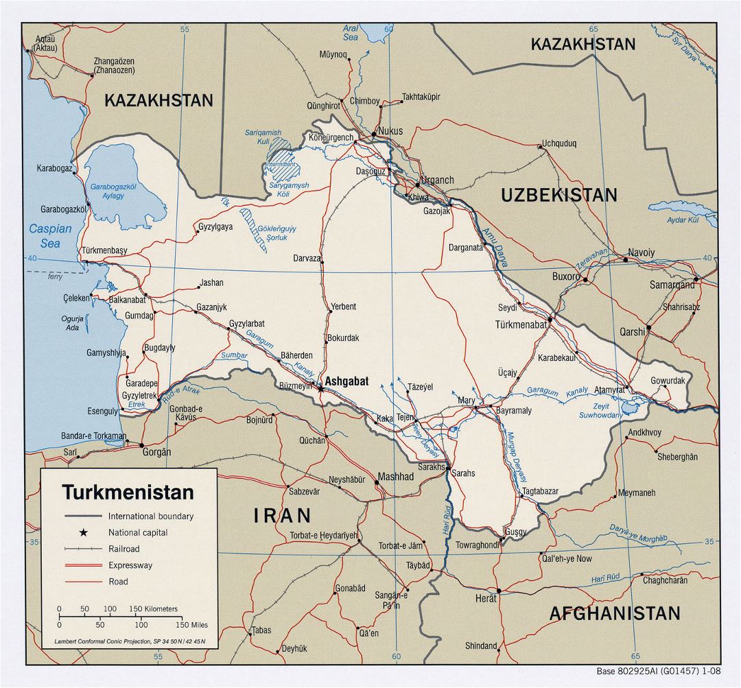 Детальная политическая карта Туркменистана с дорогами, железными дорогами и крупными городами - 2008